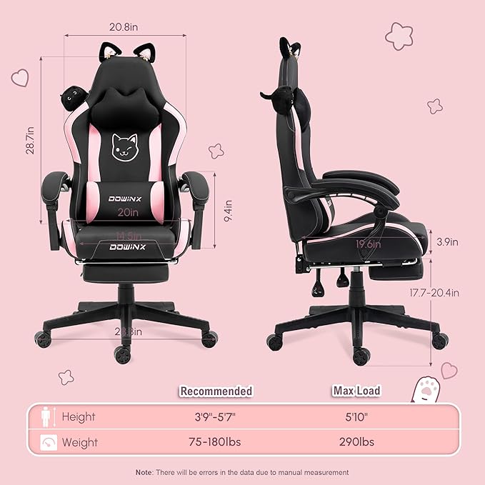 Dowinx Gaming Chair Cute with Cat Ears and Massage Lumbar Support, Ergonomic Computer Chair for Girl with Footrest and Headrest, Comfortable Reclining Game Chair 290lbs for Adult, Teen, Black