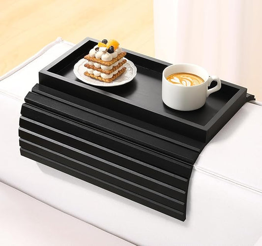 Couch Arm Tray, Bamboo Sofa Table for Couch, Sofa Armrest Tray Table, Anti-Slip Armrest Organizer, Foldable Couch Cup Holder for Snacks, Phone, Control, Cups, Black