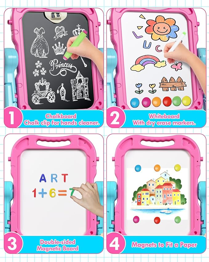 Lehoo Castle Easel for Kids, 4 in 1 Double Sided Kids Art Easel with Magnetic White Board & Chalk Board, Adjustable Standing Toddler Easel with Drawing & Writing Accessories (Blue, Purple, Pink)