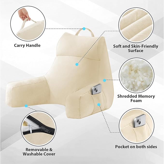 Back Pillow for Bed Sitting up, Reading Pillow for Sitting in Bed Adult, Back Support Pillow, Memory Foam Sit up Lounge Backrest Pillow with Arms for TV, Couch, Chair, Dorm, 18 Inch, Beige