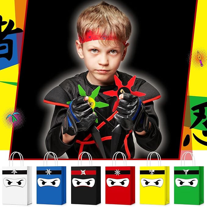 16 Guests 128 Pcs Ninja Party Favors Include Ninja Gift Bags Bouncy Balls Throwing Favors Flying Slingshot Headbands Silicone Bracelets Keychains Stickers for Ninja Birthday Party Supplies