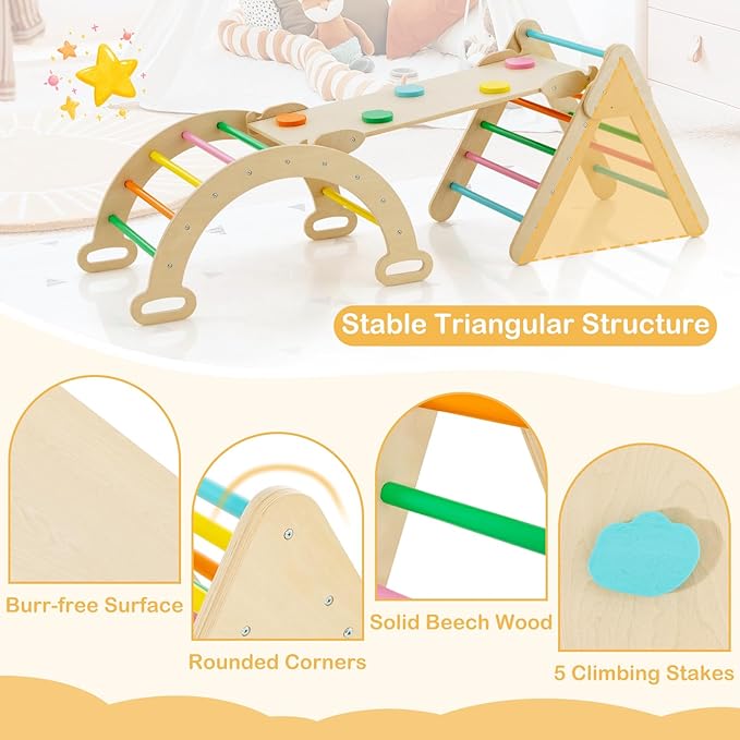 Costzon Climbing Toys for Toddlers, Foldable Montessori Wooden Arch Climber Ladder with Sliding Ramp, Multi-Combination Methods, Rainbow Kids Triangle Climber Play Gym Set for Boys Girls Gift Present