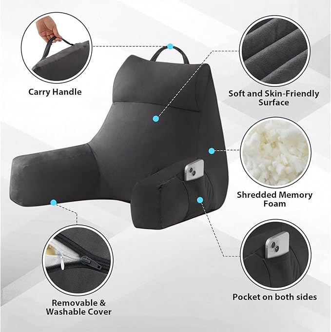 Back Pillow for Bed Sitting up, Reading Pillow for Sitting in Bed Adult, Back Support Pillow, Memory Foam Sit up Lounge Backrest Pillow with Arms for TV, Couch, Chair, Dorm, 18 Inch, Grey