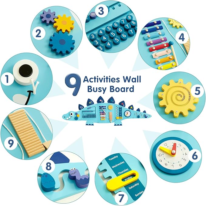 Beright Dinosaur Activity Wall Busy Board Panels, Montessori Sensory Toys, Toddler Learning Activity Center, Perfect for Toddler Playroom & Children's Daycare, Blue