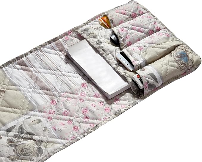 Brilliant Sunshine Grey Cupid and Pink Rose Patchwork Sofa Armrest 5 Pockets Organizer, Slip Resistant Armchair Caddy, Washable Remote Controls Holder, Storage for Magazine, Tablet, 35×13",Pink Grey