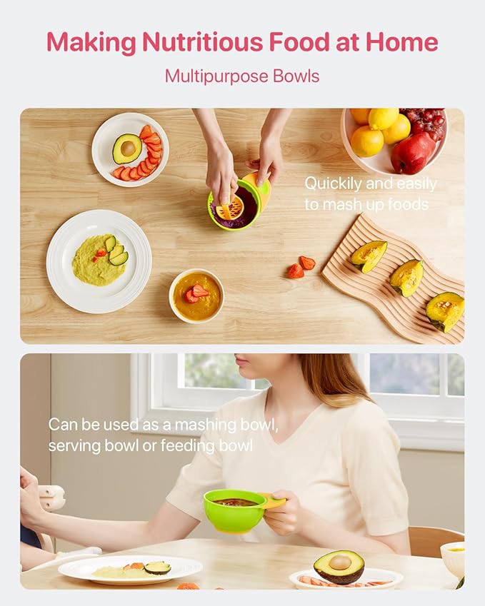 Food Feeder Baby Fresh Fruit Feeder (2 Pack) with 3 Different Sized Silicone Pacifiers, Mash and Serve Bowl with 4 Soft-Tip Silicone Baby Spoons, Perfect Baby First Stage Feeding Set by MICHEF