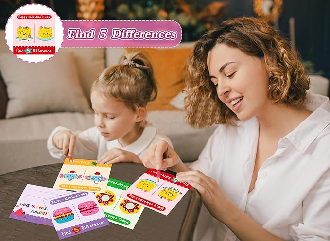 FaCraft Find 5 Difference Valentines Day Cards for Kids Classroom School Valentines Gifts Cards for Kids Boys Girls School Classroom Valentines Party Favors Valentines Exchange Cards with Envelopes