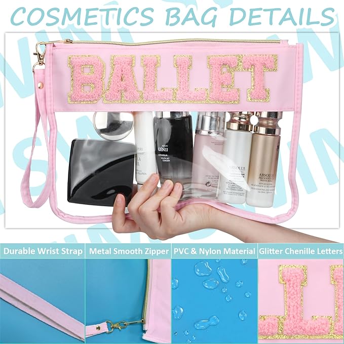 BuyCard 2 Pcs Ballet Gifts Cosmetic Makeup Bag with Chenille Letter Patch, Clear Pouch PVC Organizer Purse, Waterproof Travel Bag, Portable Toiletry Storage Bag for Her Girls Friends Women