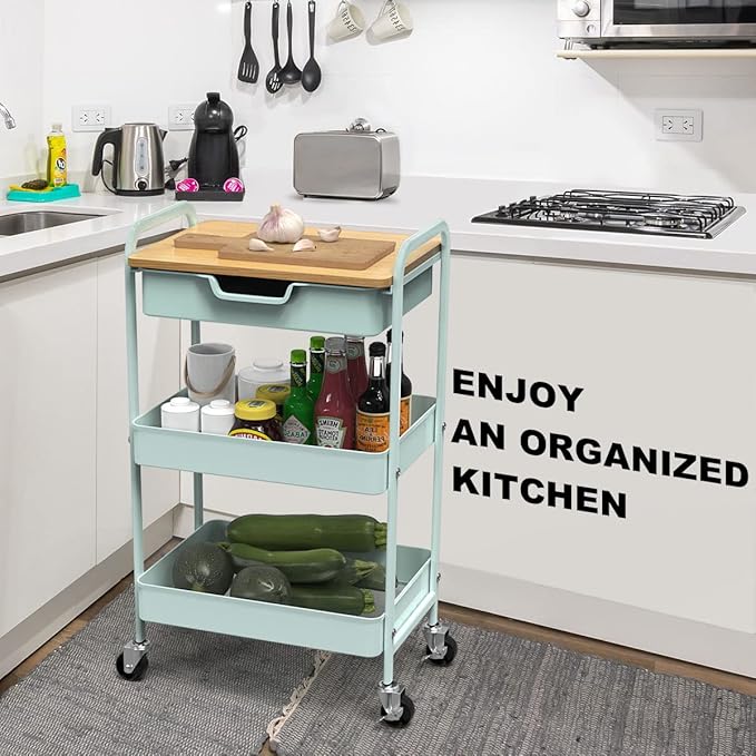 3 Tier Rolling Cart, Utility Cart with Drawer and Table Top, Metal Rolling Kitchen Storage Organizer Cart with Handle and Locking Wheels for Bathroom Office Balcony Living Room