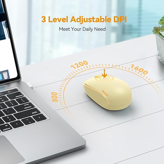 TECKNET Wireless Mouse, 2.4G Quiet Computer Mouse with USB Receiver, 4 Buttons Portable Cordless Mice for Chromebook, Laptop, PC, Mac, 800/1200/1600 DPI - Yellow
