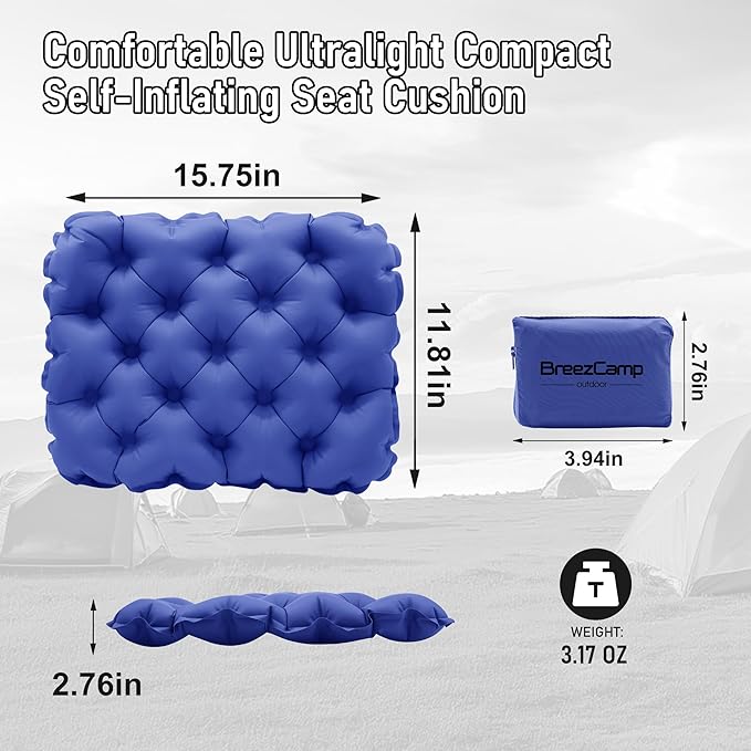BreezCamp Inflatable Seat Cushion, Lightweight Stadium Seat Pad, Camping Accessories Chair Pad for Airplane Travel, Hiking, Climbing, Home and Office,Navy Blue