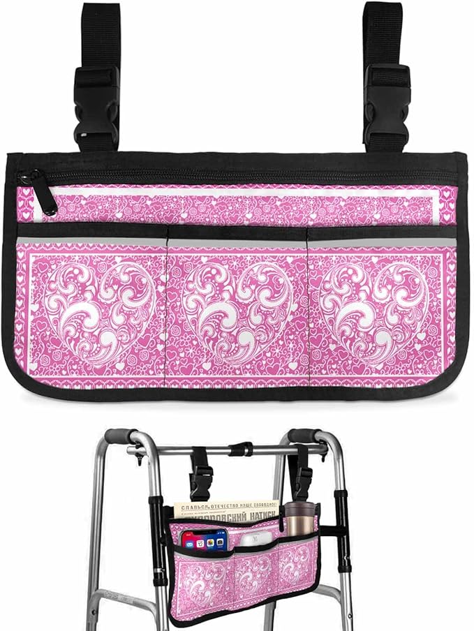 Wheelchair Side Storage Bag Valentine's Day Pink and White Abstract Love Heart Texture Armrest Pouch with Cup Holder and Reflective Strip Wheelchair Accessories Organizer Bags for Walkers Rollator