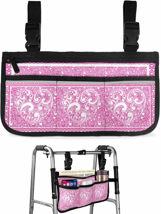 Wheelchair Side Storage Bag Valentine's Day Pink and White Abstract Love Heart Texture Armrest Pouch with Cup Holder and Reflective Strip Wheelchair Accessories Organizer Bags for Walkers Rollator