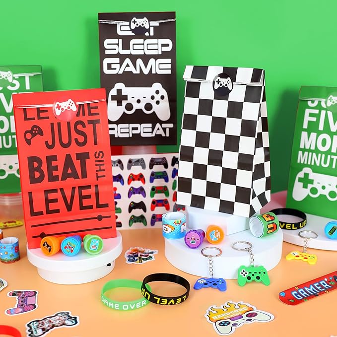 159 Pcs Video Game Party Favors, Gamer Gaming Party Favors - Drinking Straws Cups Slap Bracelets Keychains Gift Tags Stamps Stickers Gift Bags for Game On Birthday Party Favor Supplies