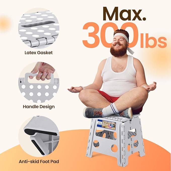 ACKO Folding Step Stool Foldable Stool 13 inch Plastic Stools for Kids and Adults Up to 300 lbs,Stepping Foot Stool with Portable Handle for Kitchen Closet Bedroom (Grey)