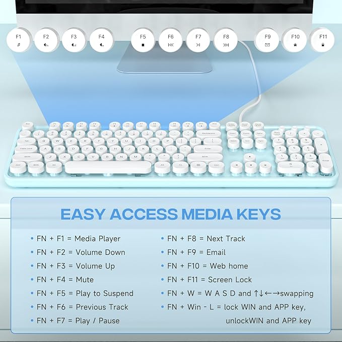 Computer Keyboard Wired, Plug and Play USB Retro Round Typewriter Keyboard, Full Size Wired Keyboard with Foldable Stands for Laptop and Office PC- Blue&White Colorful
