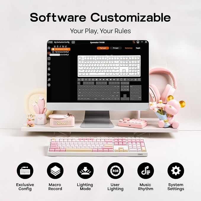 EPOMAKER TH108 Full Size Mechanical Keyboard, Wireless Gaming Keyboard with 8000mAh Battery, Creamy Gasket, 108 Keys, Hot Swap, Custom Driver, RGB Backlight (Pink, Creamy Jade)