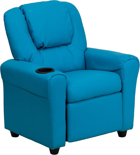 Flash Furniture Vana Vinyl Kids Recliner with Cup Holder, Headrest, and Safety Recline, Contemporary Reclining Chair for Kids, Supports up to 90 lbs., Turquoise