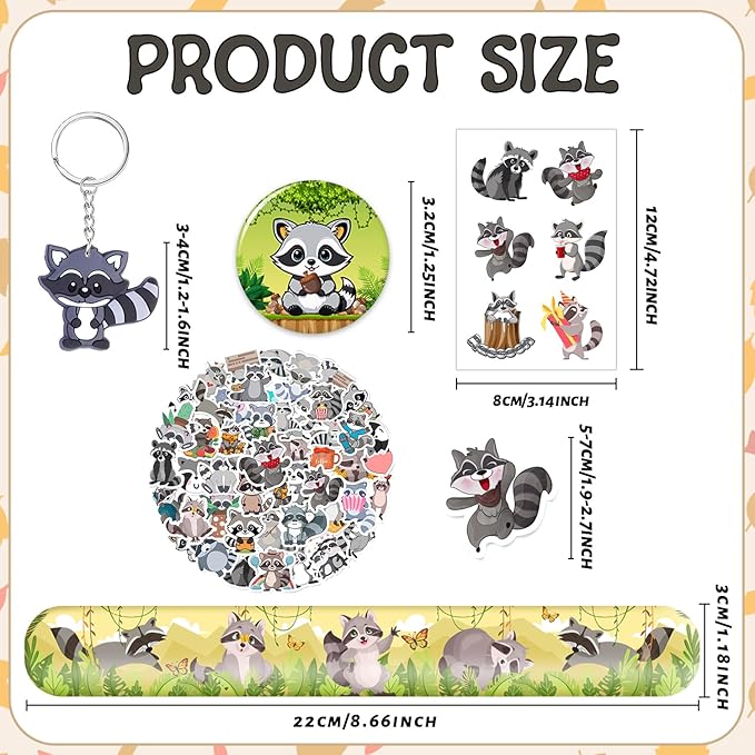 98 PCS Raccoon Party Favors, Raccoon Temporary Tattoos Slap Bracelets Keychains Stickers Badges for Woodland Raccoon Birthday Party Decorations Supplies Gifts for Kids Boys Girls Classroom Rewards