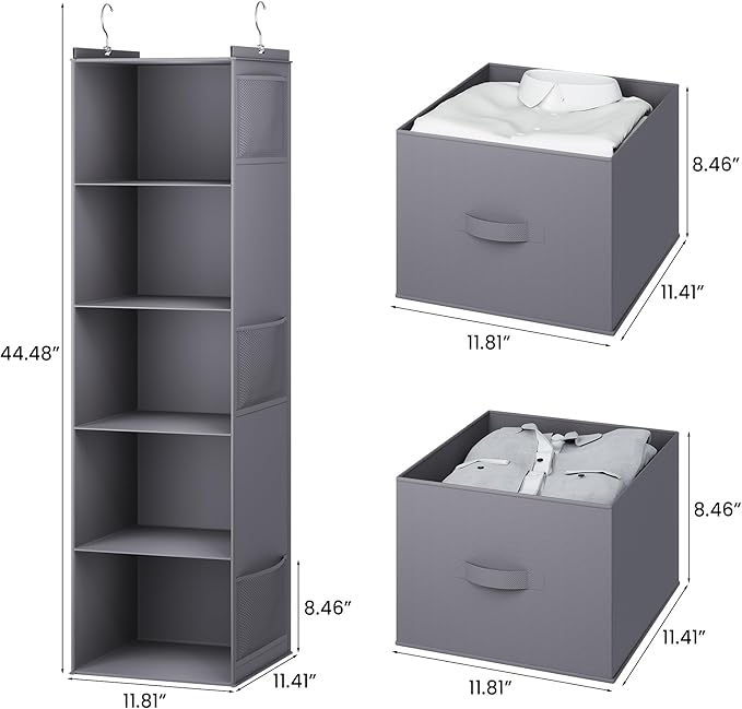 YOUDENOVA Hanging Closet Organizer, 5 Tier Hanging Closet Shelves with Drawers and 6 Side Pockets, Grey