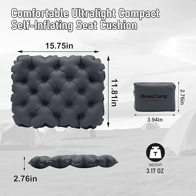 BreezCamp Inflatable Seat Cushion, Lightweight Stadium Seat Pad, Camping Accessories Chair Pad for Airplane Travel, Hiking, Climbing, Home and Office,Black