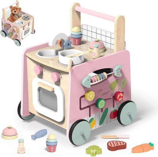 Wooden Baby Walker 9-in-1 Activity Center with Toddlers Montessori Sensory Toys and Play Kitchen Push Walker for Kids with Wheels and Storage Space, Ideal Gift for Girls Boys Ages 6-36 Month