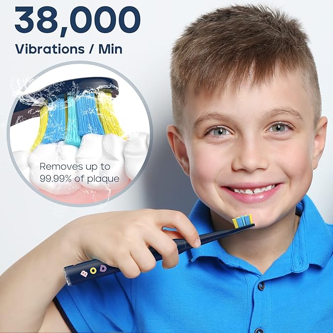 SEAGO Kids Electric Toothbrush, Sonic Soft Bristle Rechargeable Toothbrushes with DIY Stickers, 5 Modes, Includes 4 Replacement Brush Heads, Ages 3 to 12 Years Old (Navy)
