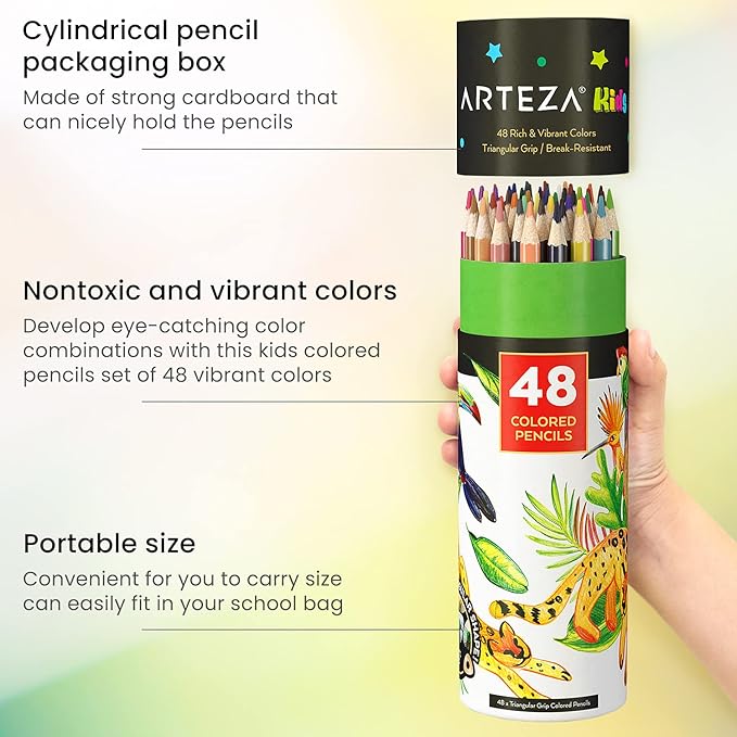 ARTEZA 48 Colored Pencils for Kids, Vibrant Colors, Triangular, Pre-Sharpened Kids Coloring Pencils for Drawing