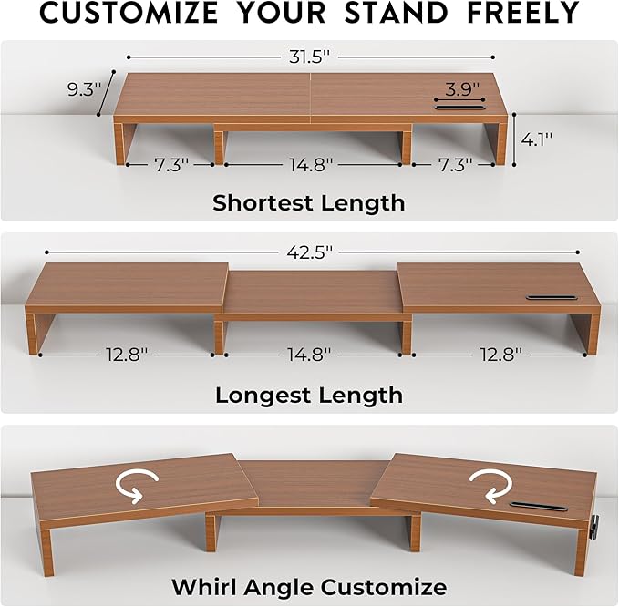 BONTEC Dual Monitor Stand Riser with Smartphone Holder, Adjustable Length & Swivel Angle, Ergonomic Wooden Desktop Organizer for PC Monitor, Laptop, Printer, Large Storage, Walnut