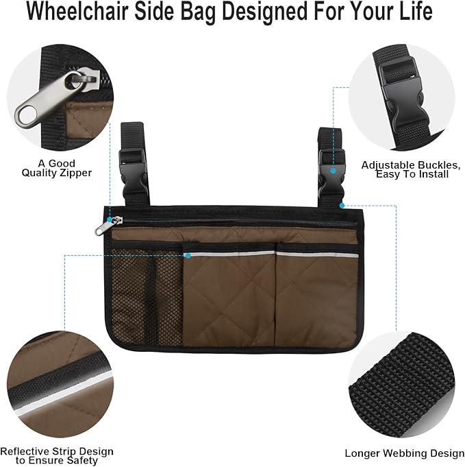 Wheelchair Side Bag, Armrest Storage Pouch with Cup Holder and Reflective Strip for Wheelchairs, Walkers or Rollators (Coffee)