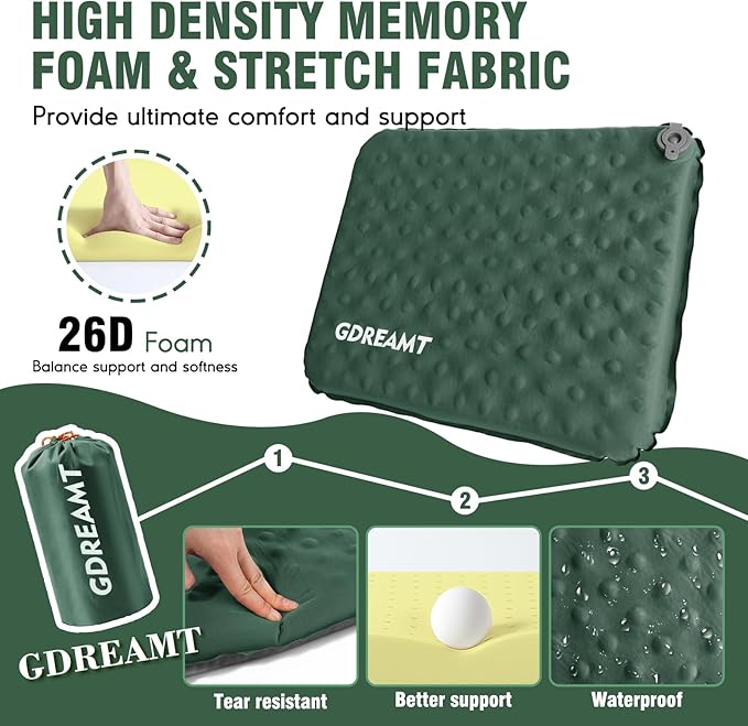 GDREAMT Inflatable Seat Cushion, Self-Inflating Memory Foam Stadium Seats Cushion Lightweight & Compact Chair Sitting Pad Airplane Cushion for Long Flight Travel Outdoor Camping Car Bleachers Office