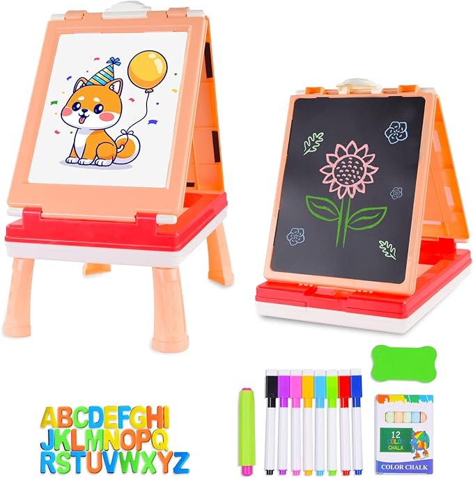AyeKu Easel for Kids,Tabletop Easel for Toddler, Educational Toys Gifts for 3 4 5 6 7 Year Old Boys Girls -Comes with Chalkboard, Magnetic Whiteboard Letters and More (Pink)