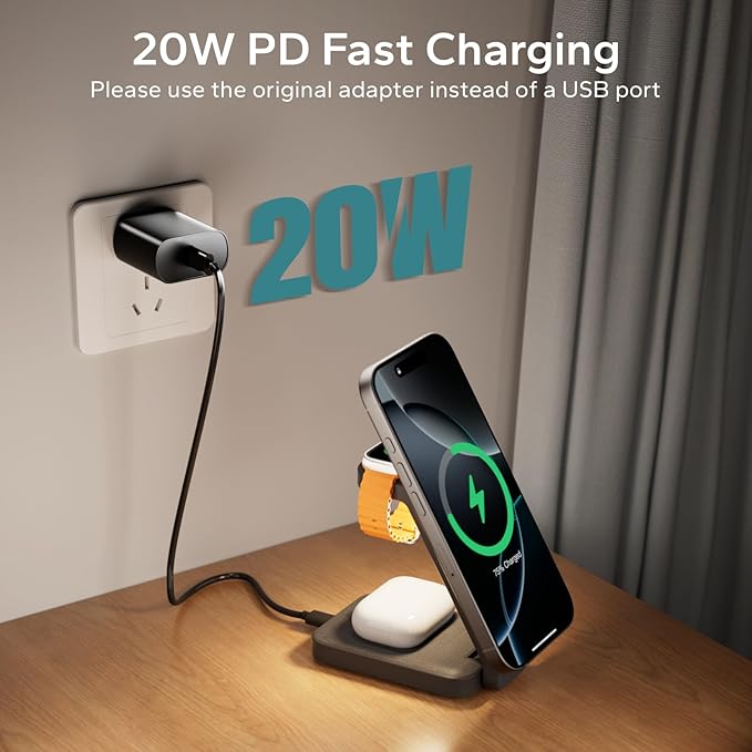 3 in 1 Foldable Wireless Charging Station for MagSafe, Nightstand Magnetic Charger Stand for iPhone 17 16 15 14 Pro Max, Travel Charging Dock with Night Light for Apple Watch/AirPods (Gray)