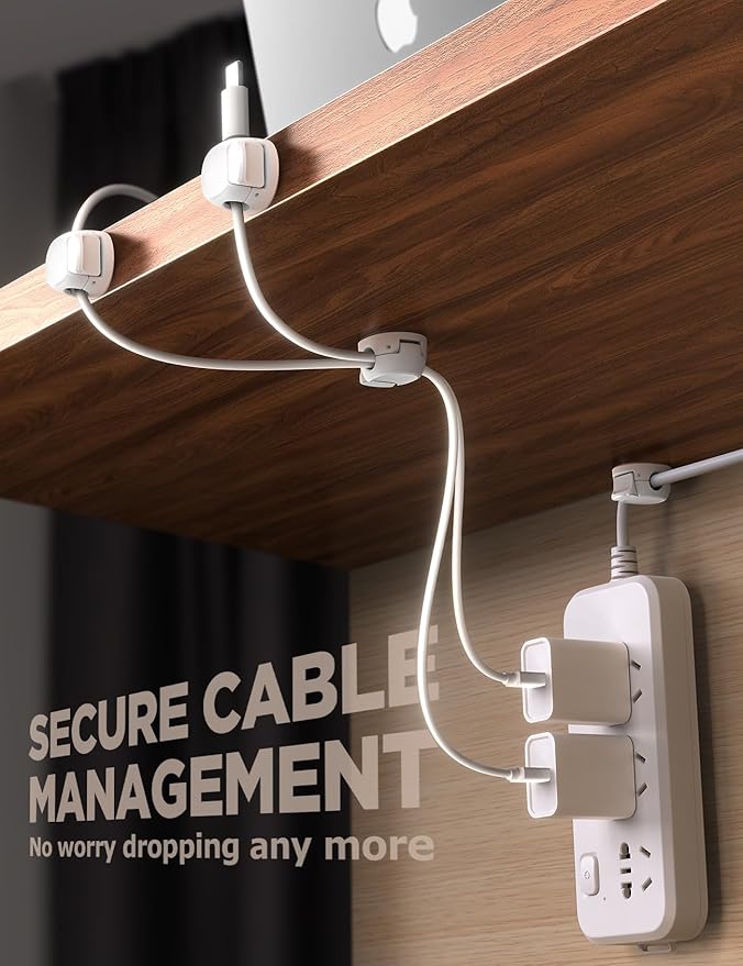 12Pack Cord Organizer [Dual Spring & Clasp] [Max Stability] Cable Clips, Chfeila Cord Holder, Desk Cable Management, Adhesive Wire Organizer for Home Office Desktop Nightstand Car Table Wall - White