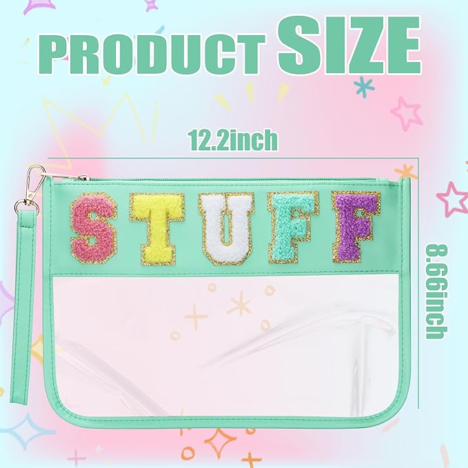 BuyCard Clear Stuff Bag for Travel, Preppy Chenille Letter Embroidered Zipper Pouch, Waterproof PVC & PU Leather Clear Cosmetic Bag, Toiletry Makeup Bag for Women Girls Mint Green