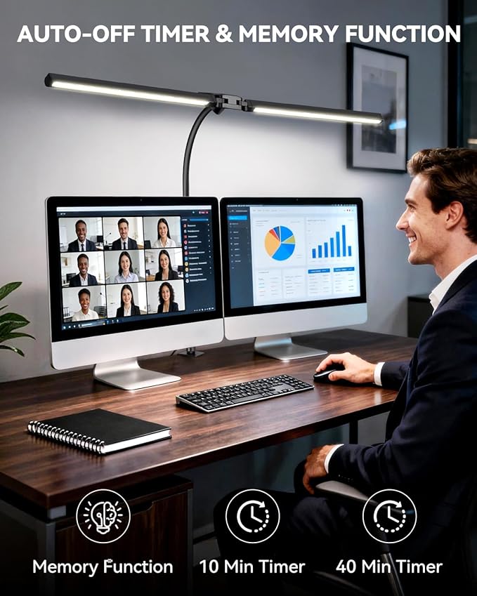 LED Desk Lamp for Home Office, Eye-Caring Architect Lamp with Clamp, Stepless Dimming Computer Light for Dual Screen Monitor, 5 Color Adjustable Lighting Mode, Workbench Light for Drafting, Study