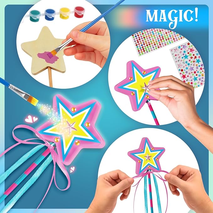 Byncceh 12 Sets Make Your Own Wooden Princess Wand Craft Kit, Fairy Wands Kit Include Fairy Wands, Gems Stickers, Paint & Ribbons Decorate Art DIY Magical Show for Party Supplies for Girls Gifts