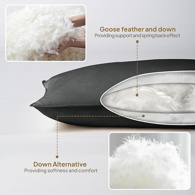 Goose Down Body Pillows for Adults, Large Body Pillow for Side Sleeper, Hugging Feather Body Pillow Insert, Cooling Full Length Long Pillow for Bed with 100% Organic Cotton Shell, Black 20"x54"