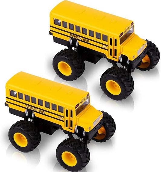 ArtCreativity 5 Inch Pull Back School Bus Toy Set - Set of 2 - Includes 5 Inch Monster-Wheel Bus, Diecast Bus Playset with Pull Back Mechanism, Great Gift Idea for Kids