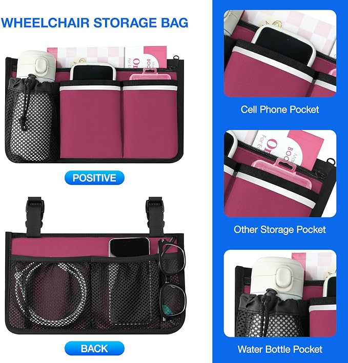 Wheelchair Organizer Pouch with Cup Holder and Reflective Strip, Armrest Accessory for Wheelchairs, Walkers, Rollators (Burgundy)