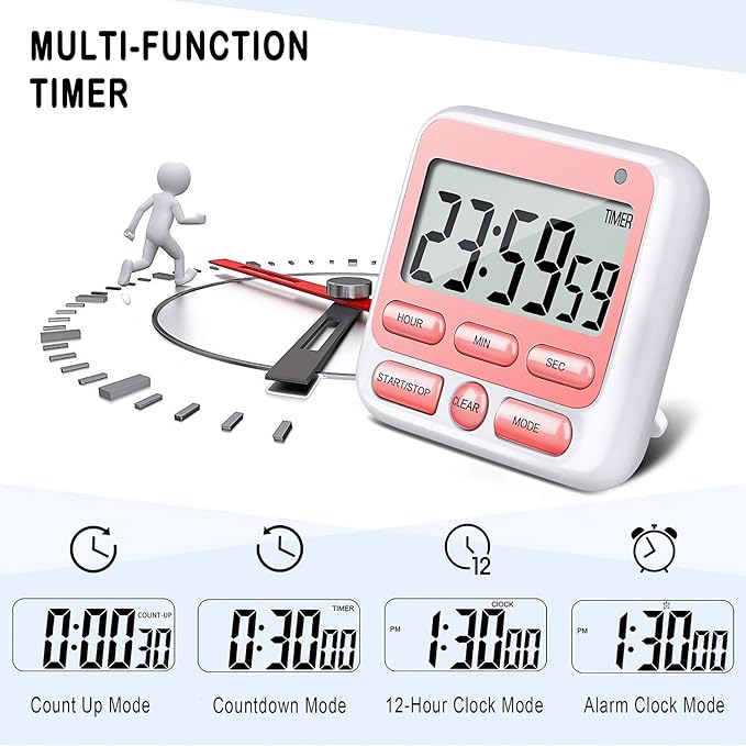 KTKUDY Digital Kitchen Timer with Mute/Loud Alarm Switch ON/Off Switch, 24 Hour Clock & Alarm, Memory Function Count Up & Count Down for Kids Teachers Cooking, Large LCD Display, Strong Magnet (Pink)