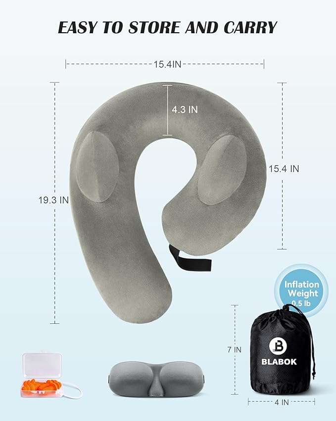 BLABOK Inflatable Neck Pillow for Travel, Travel Pillow Support Head and Neck, Travel Neck Pillow for Airplane,Train,Car,Office,Home,Washable Cover (Grey)