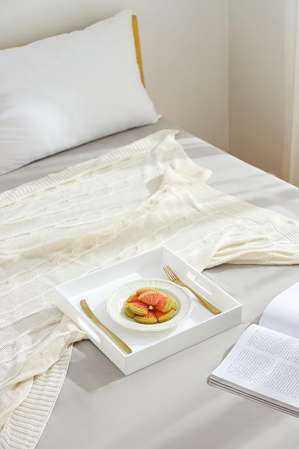 BEYLANG Glossy White Sturdy Acrylic Serving Tray with Handles-12x12 Inch-Serving Coffee,Appetizer,Breakfast,Butler-Kitchen Countertop Tray-Makeup Drawer Organizer-Vanity Table,Ottoman Tray-Decorative