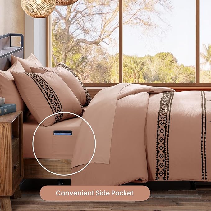 MaiRêve Embroidery Comforter Set, Boho Farmhouse Western Bedding Set, All Season Bed in A Bag Comforter Set with Sheets, Pillowcases & Shams, Dusty Pink Queen 7 Pieces