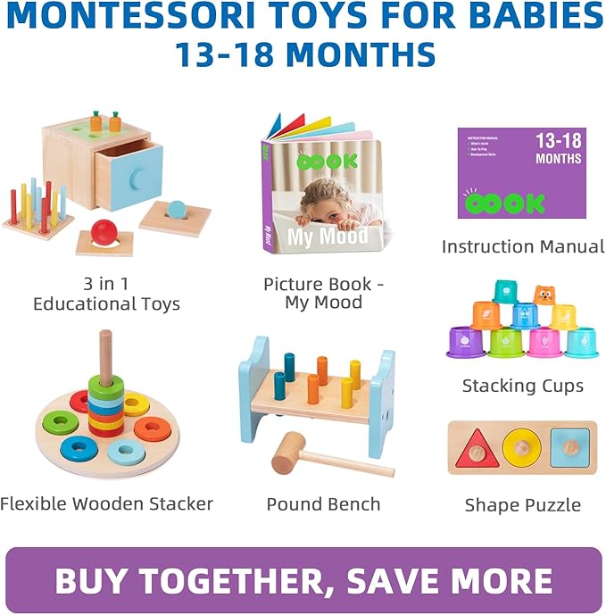 TOOKYLAND Montessori Toys for 1 Year Old, 8 in 1 Learning Educational Set Wooden Toys (Includes Stacking Cups, 3-in-1 Educational Box, Pound Bench, Shape Puzzle and More)