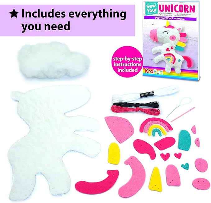KRAFUN Beginner My First Unicorn Sewing Kit for Kids Art & Craft, Doll Plushie Animal, Instructions & Plush Felt Materials for Learn to Sew, Embroidery, Age 7 8 9 10 11 12