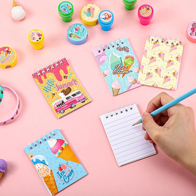 Colarr 161 Pcs Ice Cream Party Favors School Stationery Set Includes Gift Cup Notebook Pencil Sharpener Eraser Keychain Stamp Slap Bracelet Sticker Card Valentine's Day gift for Child Supplies