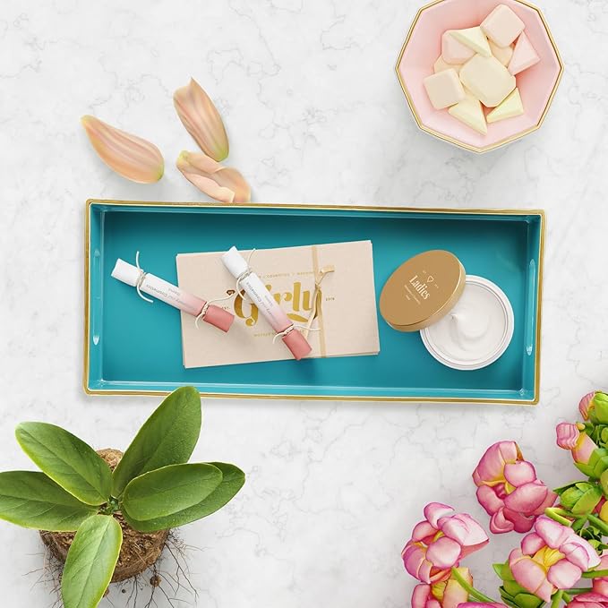 Leemxiiny Teal Blue Vanity Tray with Handles, Decorative Tray Desktop Storage Organizer for Bathroom, Living Room, 5.9"*13.7"