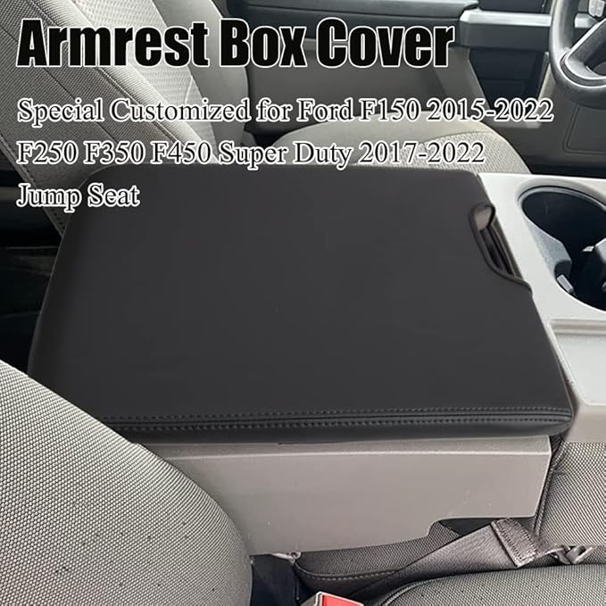 XITER 1PC Leather Center Console Armrest Cover Waterproof Protector Cover for 2015-2026 F150 2017-2026 F250 F350 F450 Super Duty with 40/20/40 Jump Seat(Black Stitches)