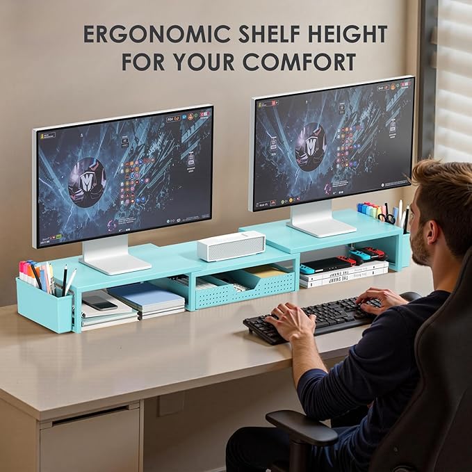 OPNICE Desk Organizers and Accessories, Dual Monitor Stand Riser with Drawer and 2 Pen Holders, Desk Shelf Metal Computer Monitor Stand for Office Workspace Organizers, Desktop Organization (Blue)